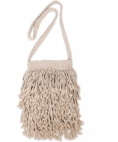 Handmade Cotton Sling with Fringes from Bali Ivory Patterned Indonesia 'Malang Majesty' $32.99 Shoulder Bags