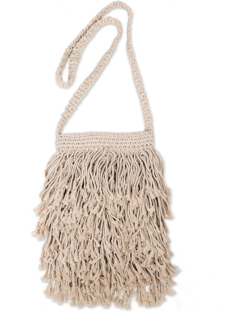 Handmade Cotton Sling with Fringes from Bali Ivory Patterned Indonesia 'Malang Majesty' $32.99 Shoulder Bags