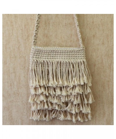 Handmade Cotton Sling with Fringes from Bali Ivory Patterned Indonesia 'Malang Majesty' $32.99 Shoulder Bags