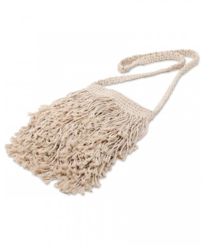 Handmade Cotton Sling with Fringes from Bali Ivory Patterned Indonesia 'Malang Majesty' $32.99 Shoulder Bags